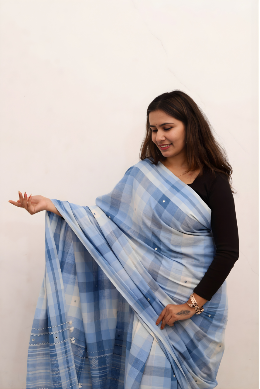 Premium Kala Cotton Handwoven Blue Saree