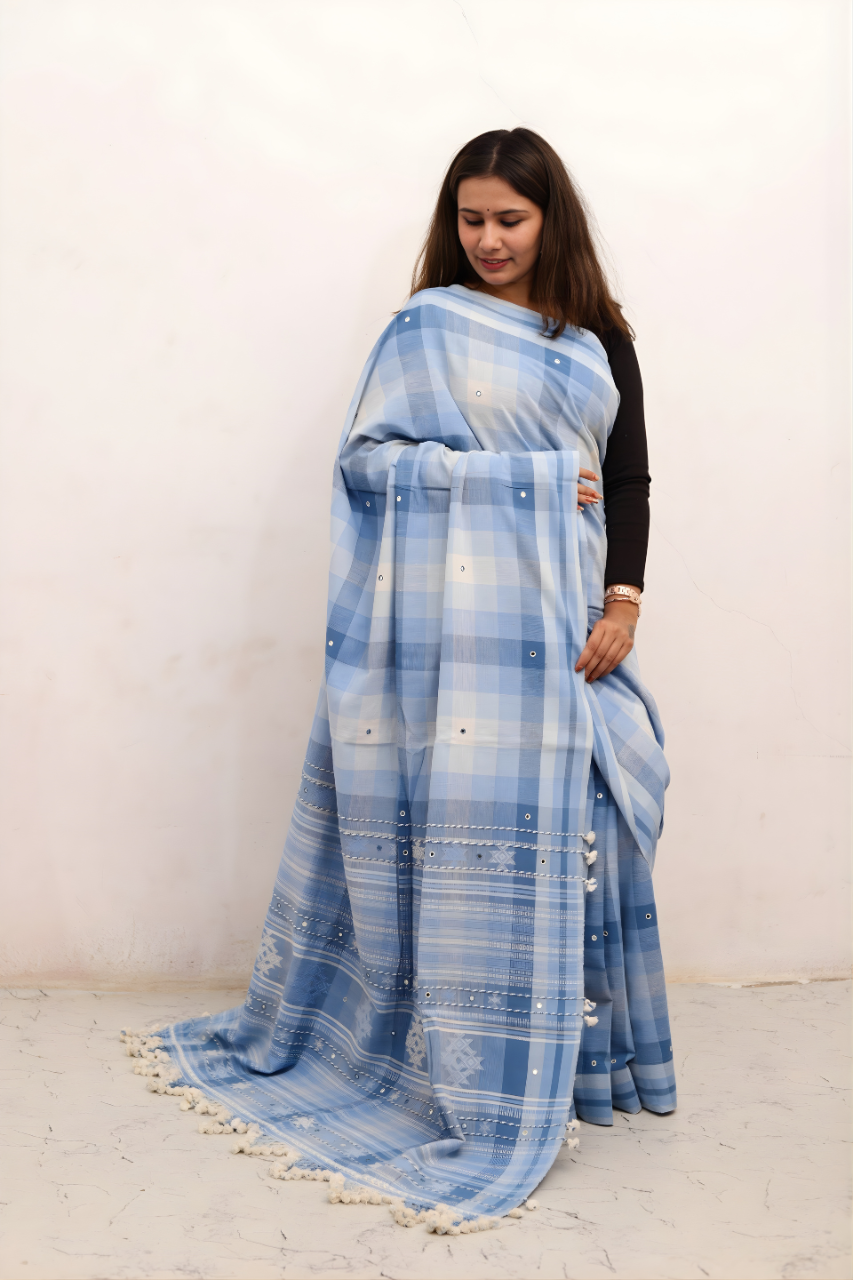 Premium Kala Cotton Handwoven Blue Saree