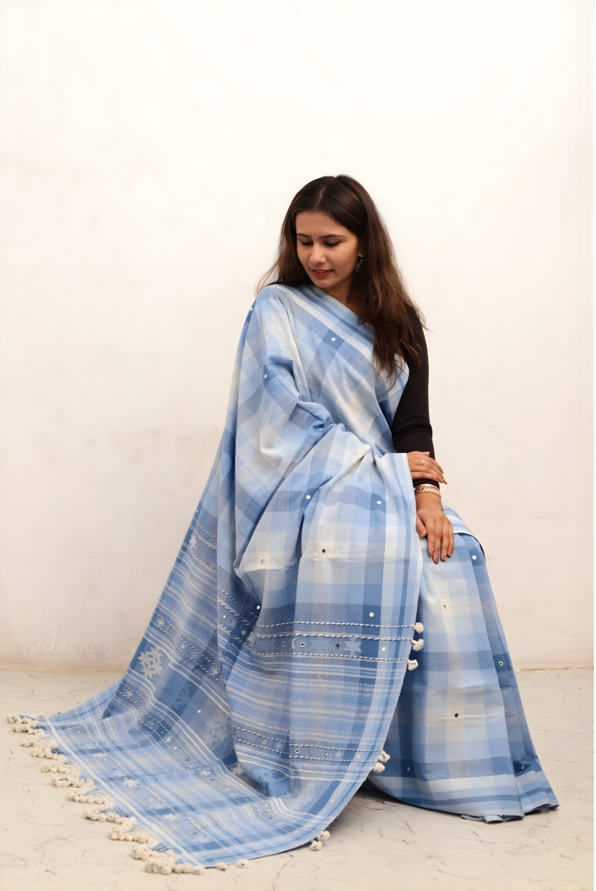 Premium Kala Cotton Handwoven Blue Saree
