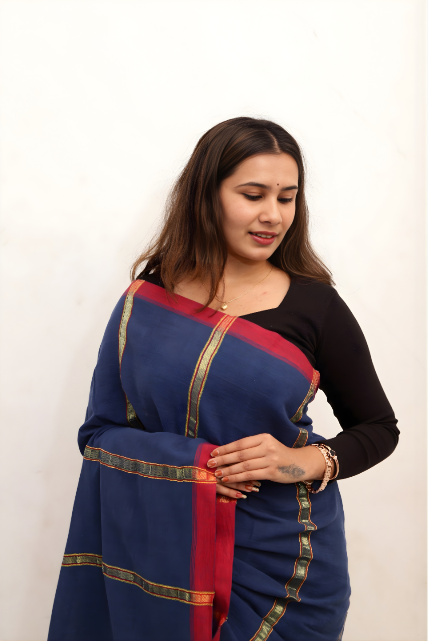 Premium Kala Cotton Handwoven Indigo Saree